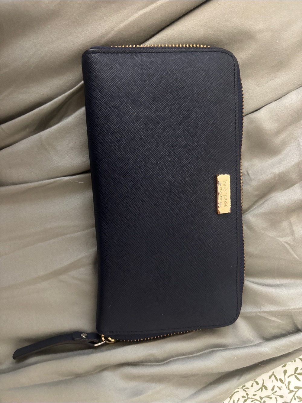 kate spade navy zip-around continental wallet with gold plaque